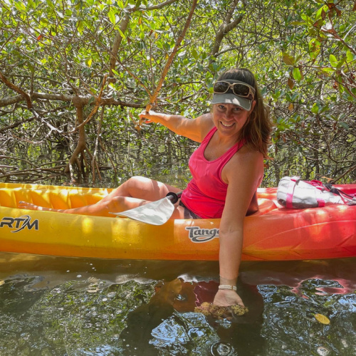 Janda leading a guided kayak tour at Don Pedro Island state park