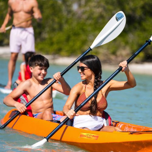 mom and son kayaking